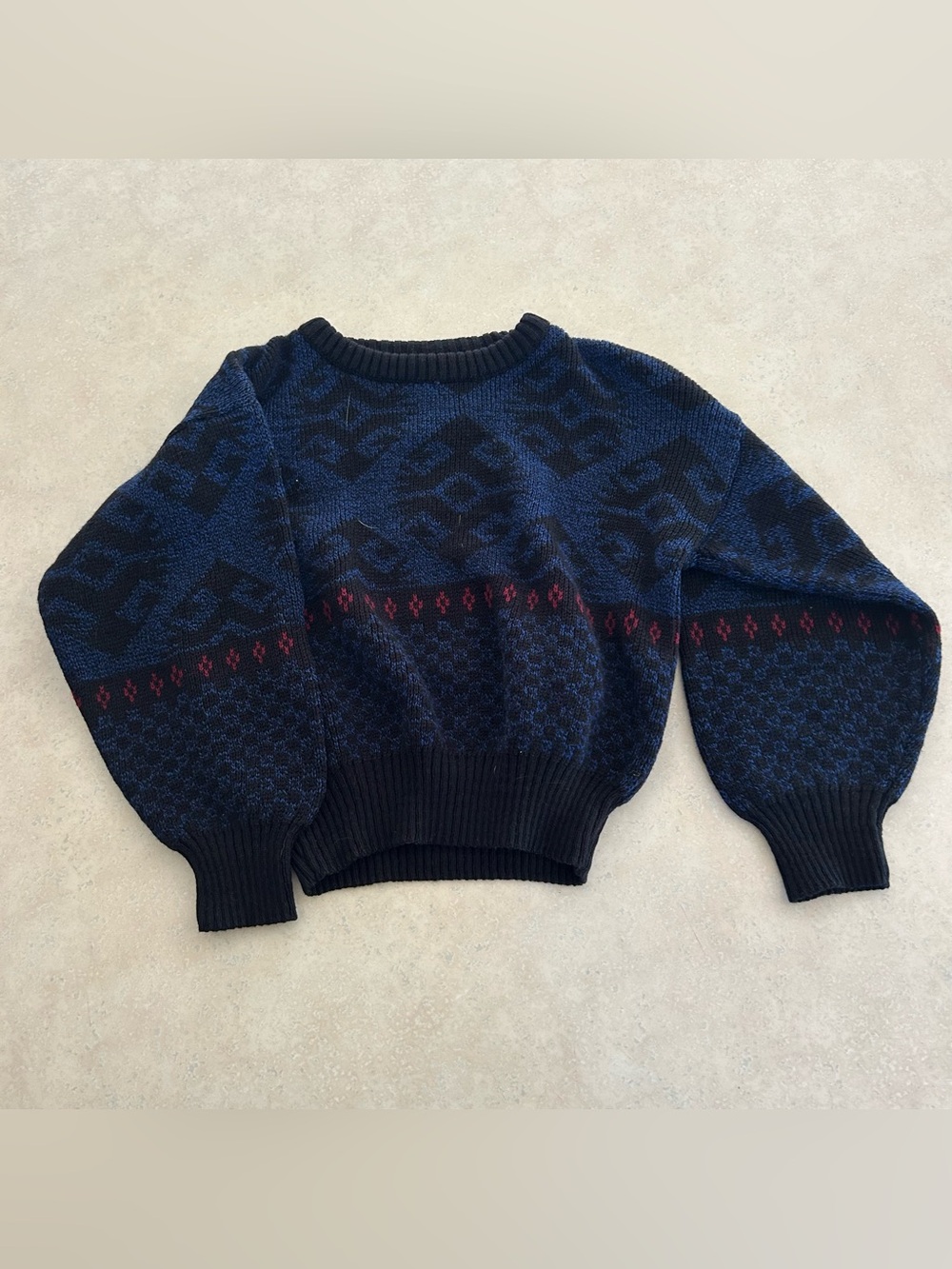 Kids Navy Patterned Crew Sweater with Red Accent